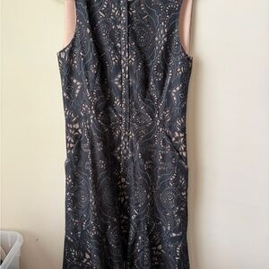 BCBGMaxAzria Black and Blush Lace-Overlay Sheath Dress with Paisley Motif